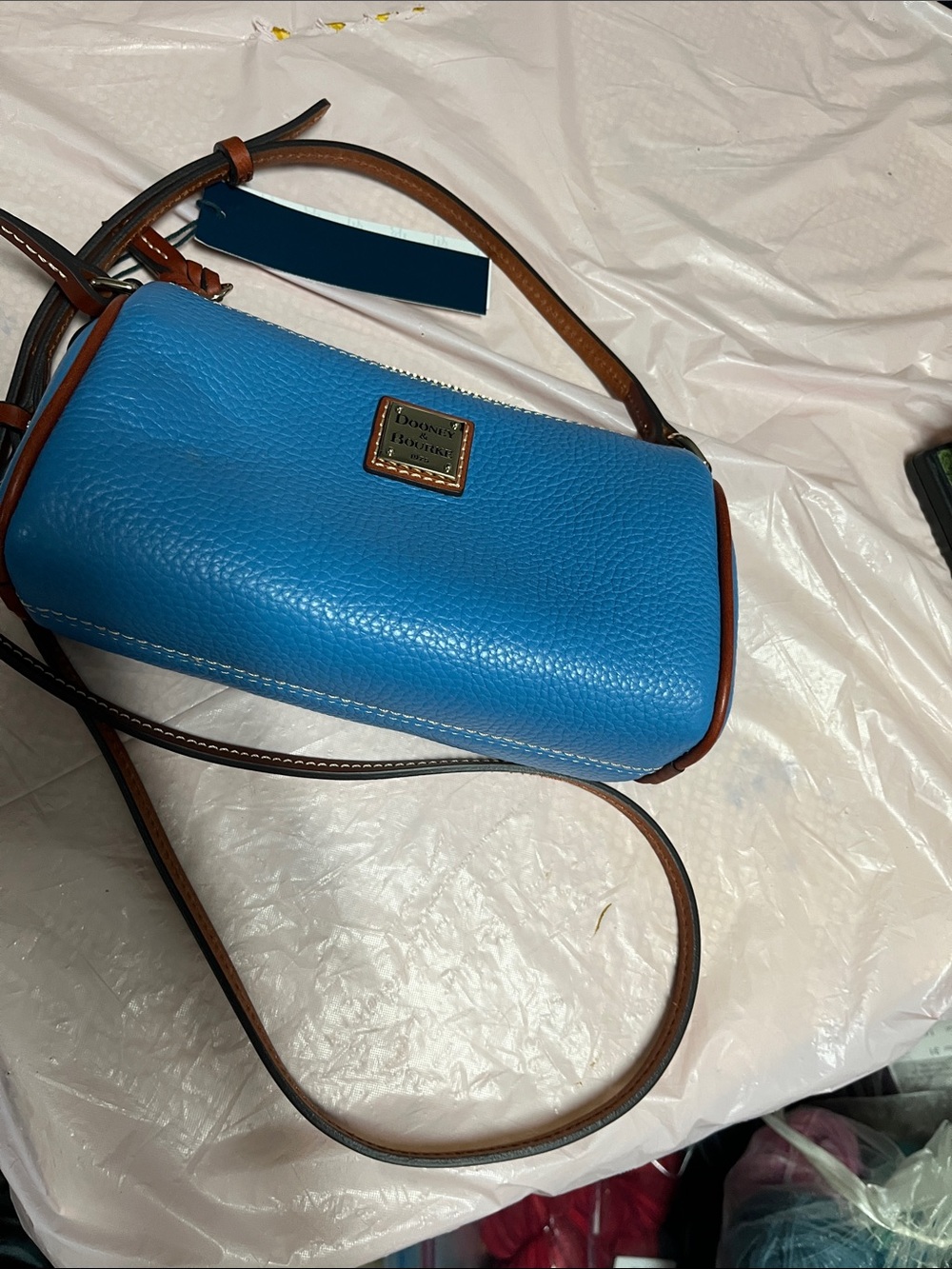 Dooney & Bourke Pebble Leather Crossbody in Bright Blue with Brown Trim - Picture 2 of 5